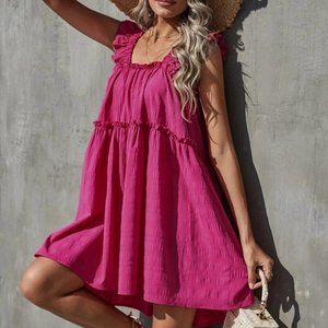 pink  Boho Frill Trim Ruffle Hem Dress
